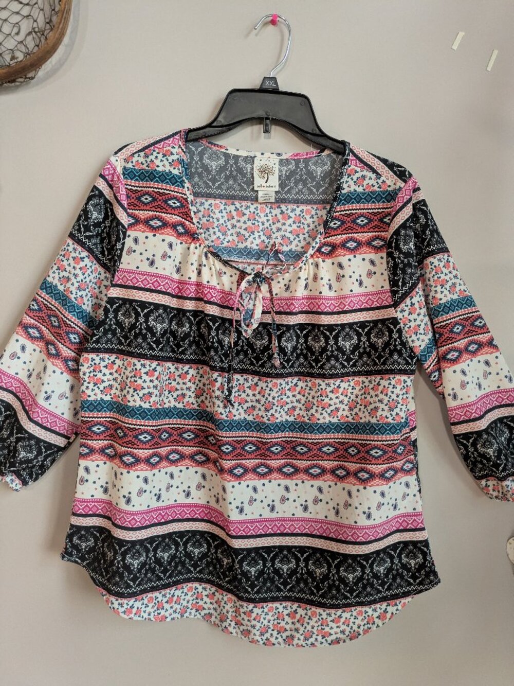 self esteem top bohemian floral 3/4 sleeve size polyester L #353